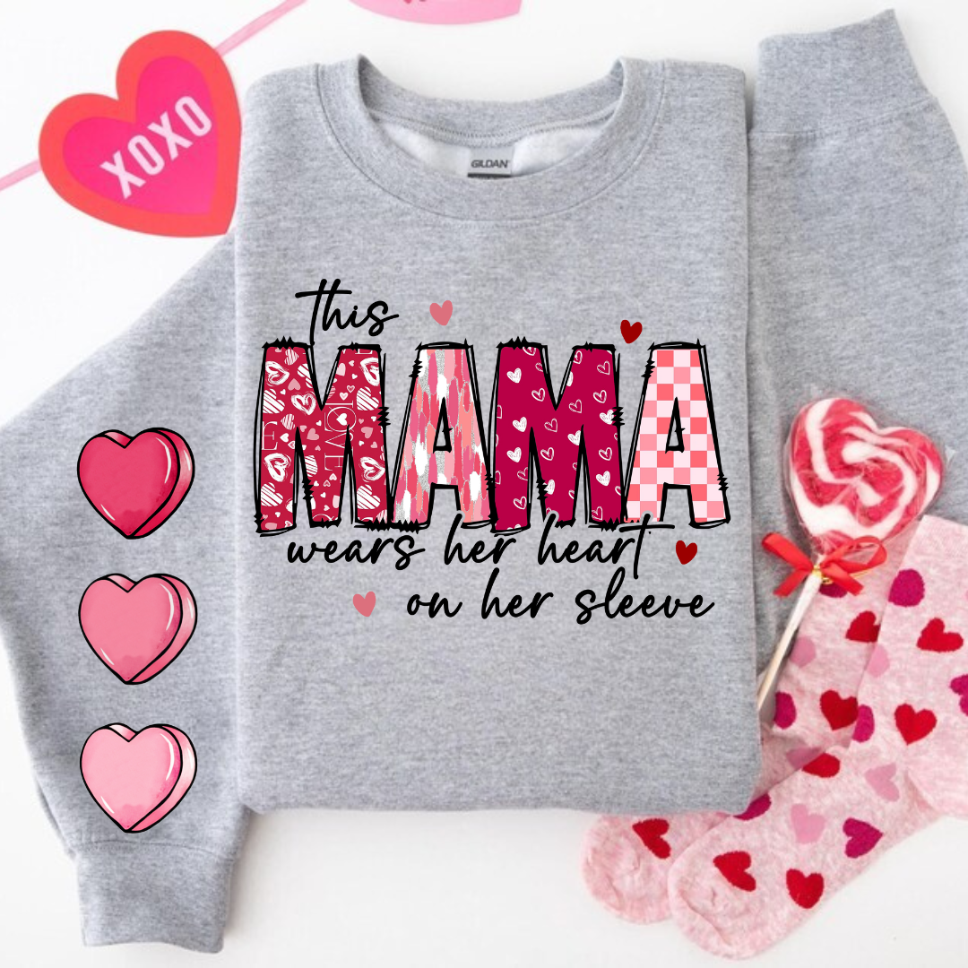 This Mama Wears Her Heart On Her Sleeve Crewneck Sweater